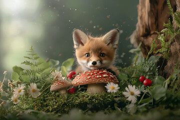 Obraz premium baby fox peeks out from behind mushroom, surrounded by lush greenery and flowers, creating whimsical and enchanting scene in nature
