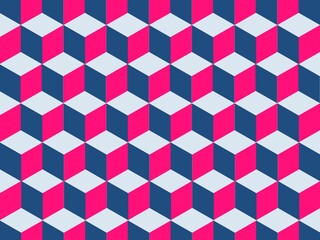 Seamless geometric pattern with repeating pink and blue cubes. 