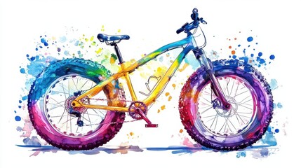 Fototapeta premium Global Fat Bike Day Colorful watercolor fat tire bicycle with splashes of vibrant paint and artistic design