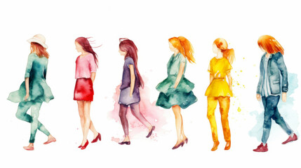 Fototapeta premium Choose Women Wednesday Colorful fashion parade: watercolor women in chic dresses and stylish outfits