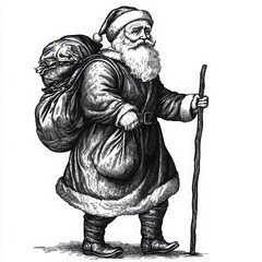 Fototapeta premium Hand-drawn vector illustration of a traditional Santa Claus with a walking stick and a bag of gifts. 