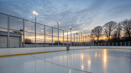 Obraz premium Frosty Ice Rink at Dusk with Evening Lights and Clear Skies
