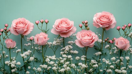 Pink roses and white gypsophila flowers blooming on turquoise background