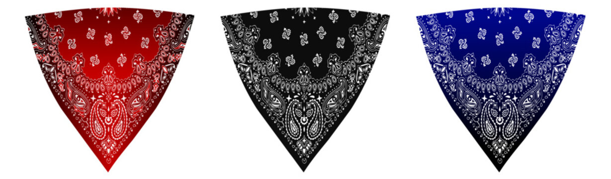 Tied Bandanna Handkerchief Mask with Paisley Patterns in Red, Black, and Blue on transparent background