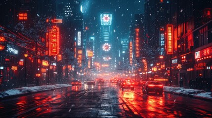 Obraz premium A snowy cityscape at night with neon lights reflecting on the wet road.
