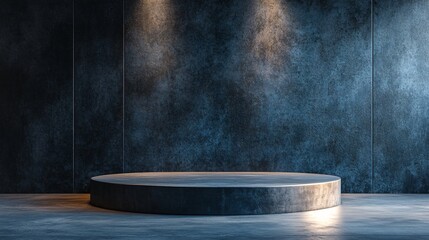 Empty round podium illuminating by spotlights on dark background