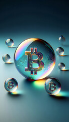 Bitcoin in einer Glaskugel mit bunten Reflexionen. 3D-Rendering-Kompositionen & Illustration Bitcoin ist eine durch Computer - Power digital erzeugte (sch&ouml;pfen) Krypto W&auml;hrung.	￼