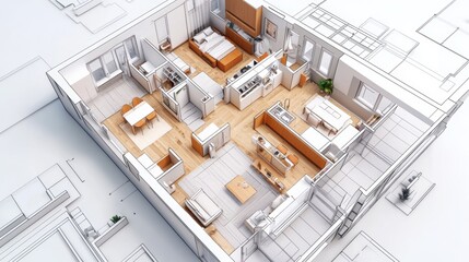 This is a design plan for an apartment building. It shows different floor plans for one and two-bedroom apartments.  The plan includes symbols for furniture in the kitchen, bedroom, and bathroom.