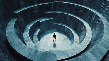 Surreal Abstract Maze with Swirling Walls and Codes, Captivating Depth and Dimension in a Darkened Space for Creative Visuals and Concepts
