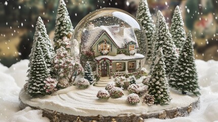 Snow globe featuring illuminated christmas cottage during snowfall
