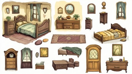 This is a drawing of different rooms, like a bedroom, apartment, house, hotel, or hostel. It shows furniture in a living room and a cozy bedroom with a bed, window, dresser, curtains, and carpet.