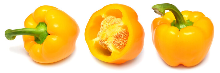 Collection of fresh sweet bell pepper isolated on white background. Flat lay, top view