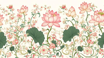 Elegant Indian Lotus Flower Pattern with Mandalas in Soft Pinks and Greens
