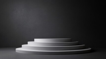 Obraz premium Round white podium with four steps on a dark background presenting a new product