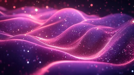 Obraz premium Flowing Waves of Purple and Pink Light with Sparkles and Glowing Particles on a Dark Background, Ideal for Abstract Art, Fantasy-Themed Projects, Cosmic Designs, and Digital Wallpapers