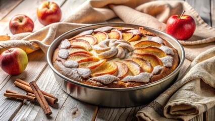 A freshly baked apple pie with a cinnamon swirl topping, dusted with powdered sugar and surrounded by apples and cinnamon sticks on a rustic wooden table