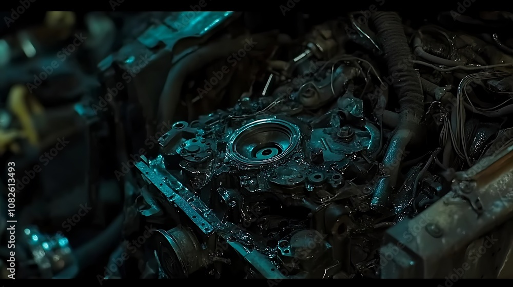 Poster a close-up of a disassembled engine showing intricate mechanical components.