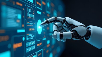 A highly advanced robotic hand is actively engaging with cuttingedge digital displays in a sleek modern setting