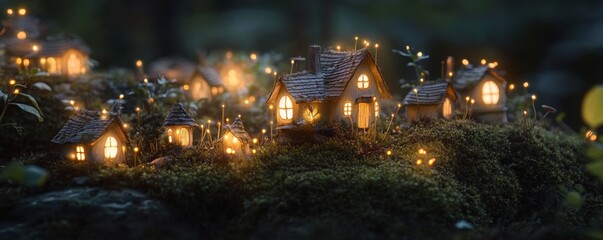 Naklejka premium Fairytale village glowing on moss at night