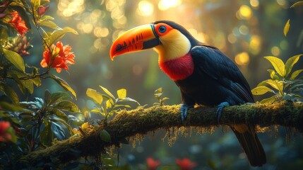 Obraz premium Colorful toucan perched on mossy branch in lush rainforest