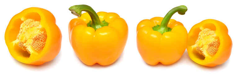 Collection of fresh sweet bell pepper isolated on white background. Flat lay, top view