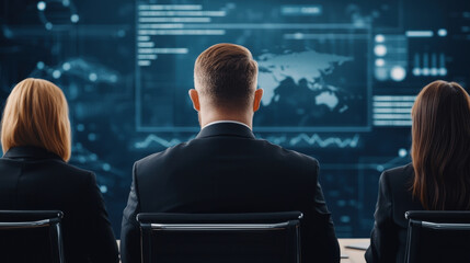 Corporate team in boardroom analyzing business risks and forecasts, focused on data driven decisions and strategic planning