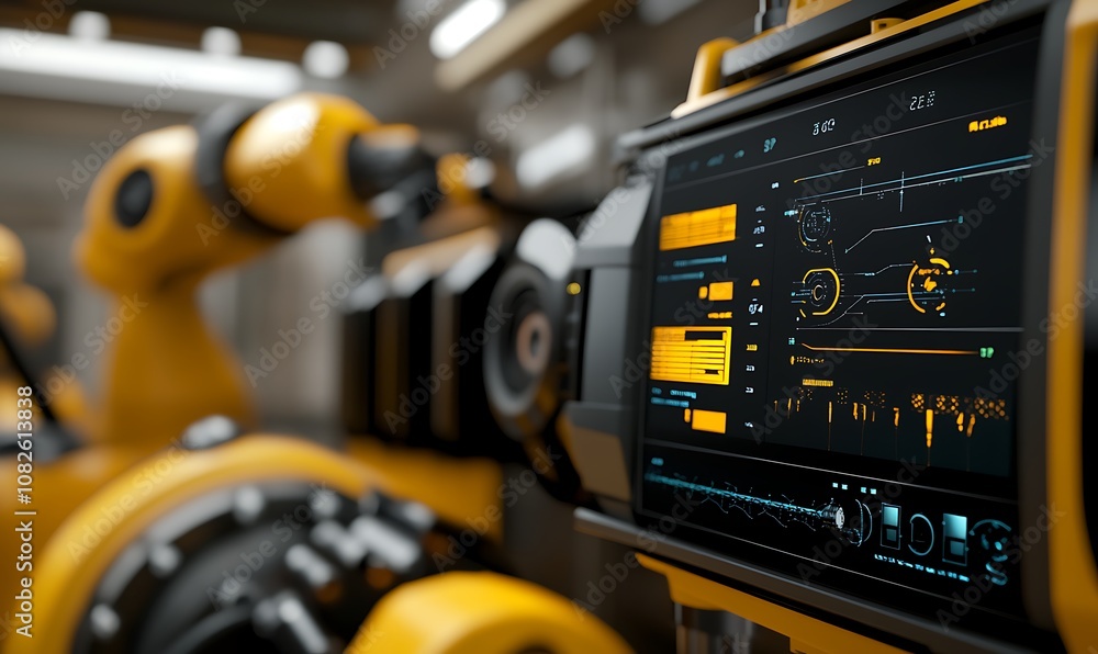 Poster a close-up of a robotic arm control interface in an industrial setting.