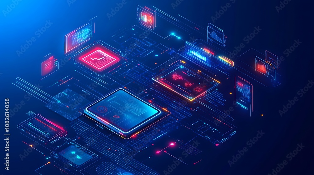 Poster abstract digital interface with neon lights and data visualizations