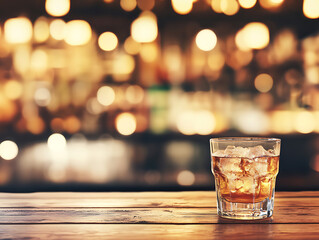 A glass of beer on the table on the pub bar bokeh background