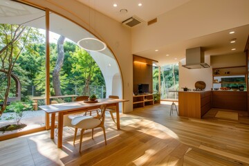 Sun shining through large windows of a modern open space kitchen and dining room overlooking a green forest