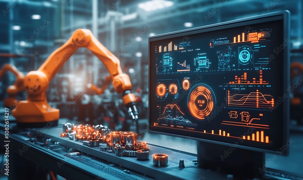 Poster a robotic arm operates in a high-tech industrial setting with data visualizations on a screen.