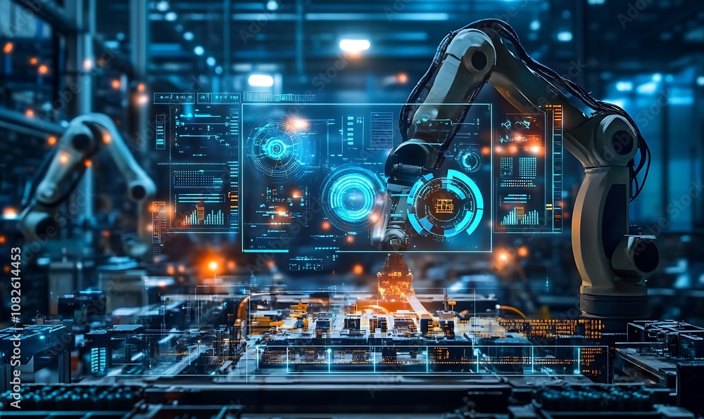 Poster a robotic arm interfaces with a high-tech circuit board in an industrial setting.
