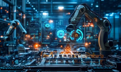 A robotic arm interfaces with a high-tech circuit board in an industrial setting.