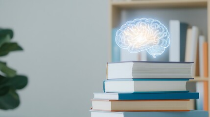 A Stack of Books with a Creative Brain Illustration Symbolizing Knowledge