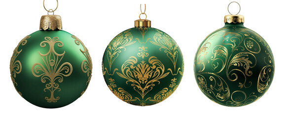 Set of green Christmas baubles isolated on transparent background