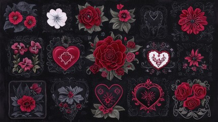 Delicate floral hearts display artistic composition digital art black background close-up view romantic aesthetic