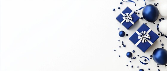 Elegant birthday celebration festive atmosphere card design blue gift boxes and balloons stylish arrangement party theme