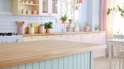 Beautifully Designed Kitchen with a Wooden Tabletop and Colorful Decor Enhancing the Warmth of a Bright and Inviting Indoor Space