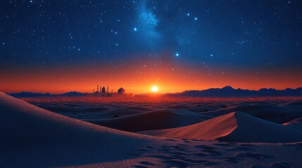A stunning sunset over a desert landscape with a city skyline on the horizon and the Milky Way visible in the night sky.