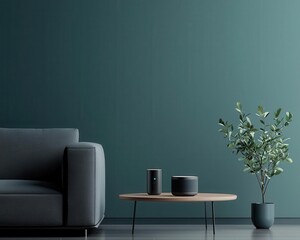 Smart home technology, voicecontrolled devices, futuristic living room, 3D illustration