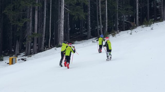 Young skiers in bright jackets training on a snow-covered mountain slope. A group of children learn skiing techniques