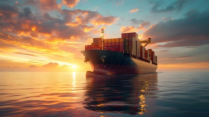 Container ship carrying container boxes import export dock with quay crane. Business commercial trade global cargo freight shipping logistic and transportation worldwide oversea concept.