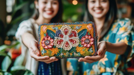 Colorful Handcrafted Embroidered Clutch Showcasing Traditional Floral Design. Generative ai