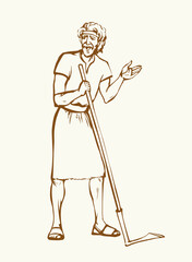 Vector drawing. A man with an old scythe