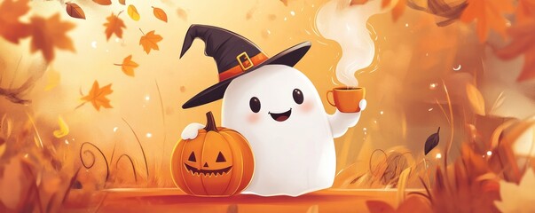 Cute ghost enjoying hot beverage during autumn with jack-o'-lantern