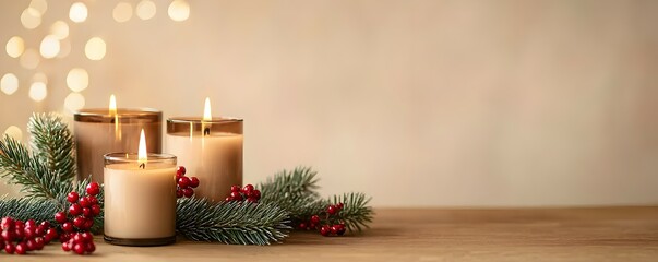Rustic Christmas Mockup Background with Earthy Decor - Cozy Holiday Presentation for Seasonal Products Featuring Pine Branches Red Berries and Candles on Natural Wood Table
