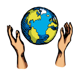 God's hand creates earth. Vector drawing