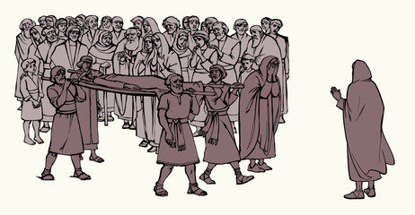 Vector drawing. Funeral of the son of a widow