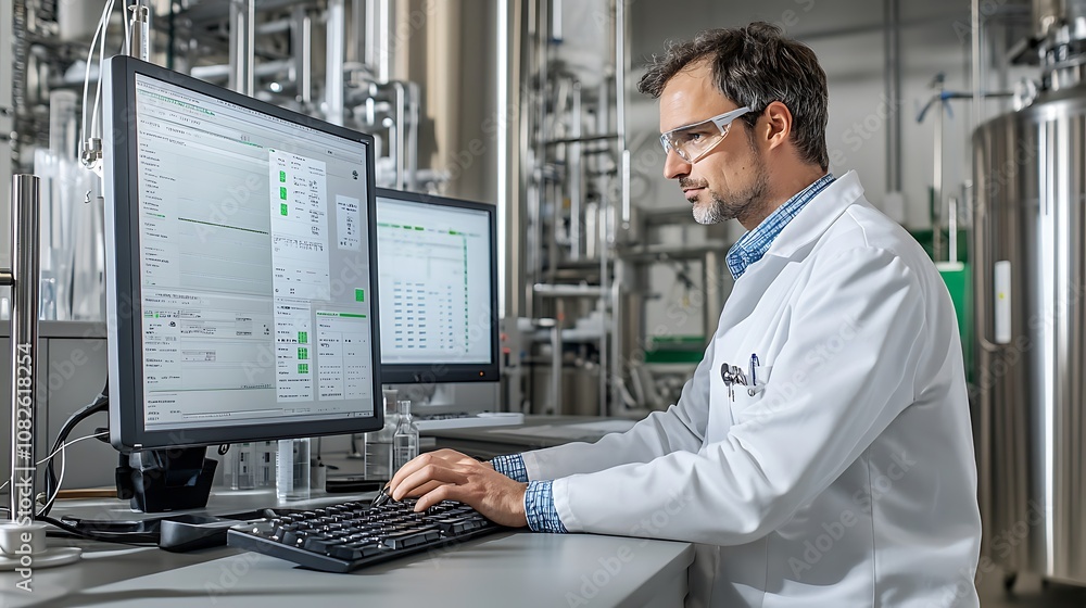 Poster a scientist works on a computer in a laboratory setting, analyzing data and processes.