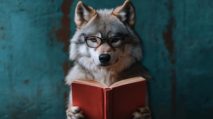 Intelligent wolf reading a book while wearing eyeglasses
